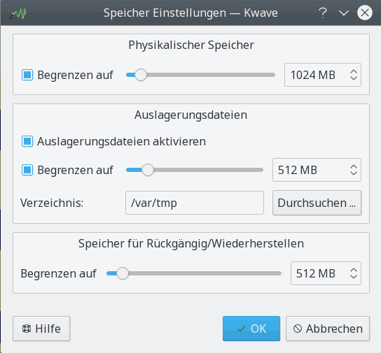 Bildschirmfoto des Speichereinstellungen-Dialogs